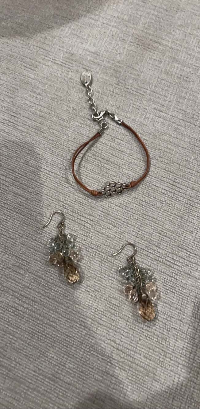 Brown Cord honeycomb Bracelet with Multi-Coloured Crystal Cluster Earrings
